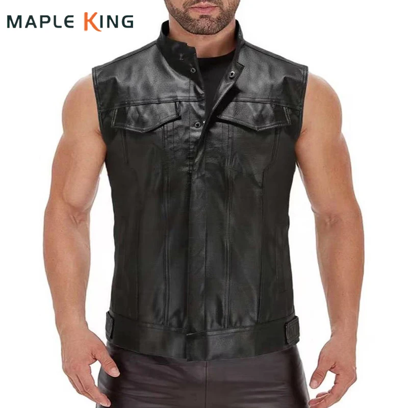 

Мужской жилет без рукавов из искусственной кожи Chaleco Outdoor Hombre 2025 Punk Gilet Pelle Biker Uomo, мужской мотоциклетный жилет с воротником-стойкой