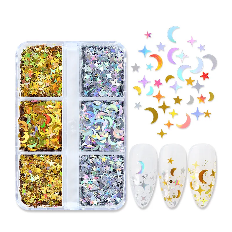 

6 Slots/box Laser Shiny Stars Moon Nail Charms Decorations Gold Silver Mixed Nails Art Design Accessories For Manicure Salon DIY