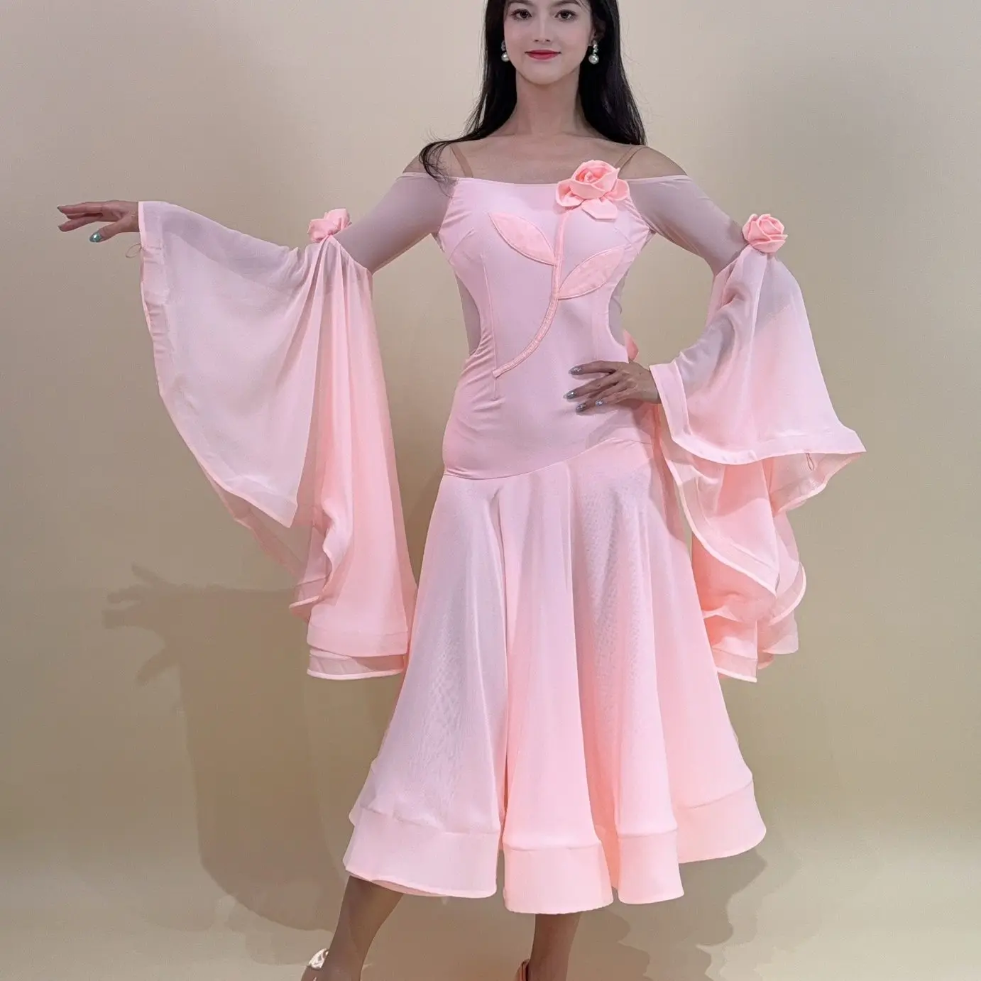 2026 New Pink Flowers Ballroom Dance Dress Women Performance Costume Waltz Dance Competition Dress Backless Prom Dress BL19914