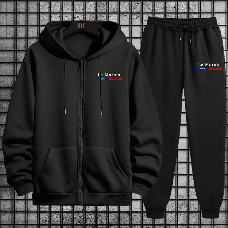 Autumn Winter Sport Style Paris Le Marais Print Men Tracksuit Set 2 Pieces Zipper Hoodie with Sweatpants Urban Streetwear Outfit