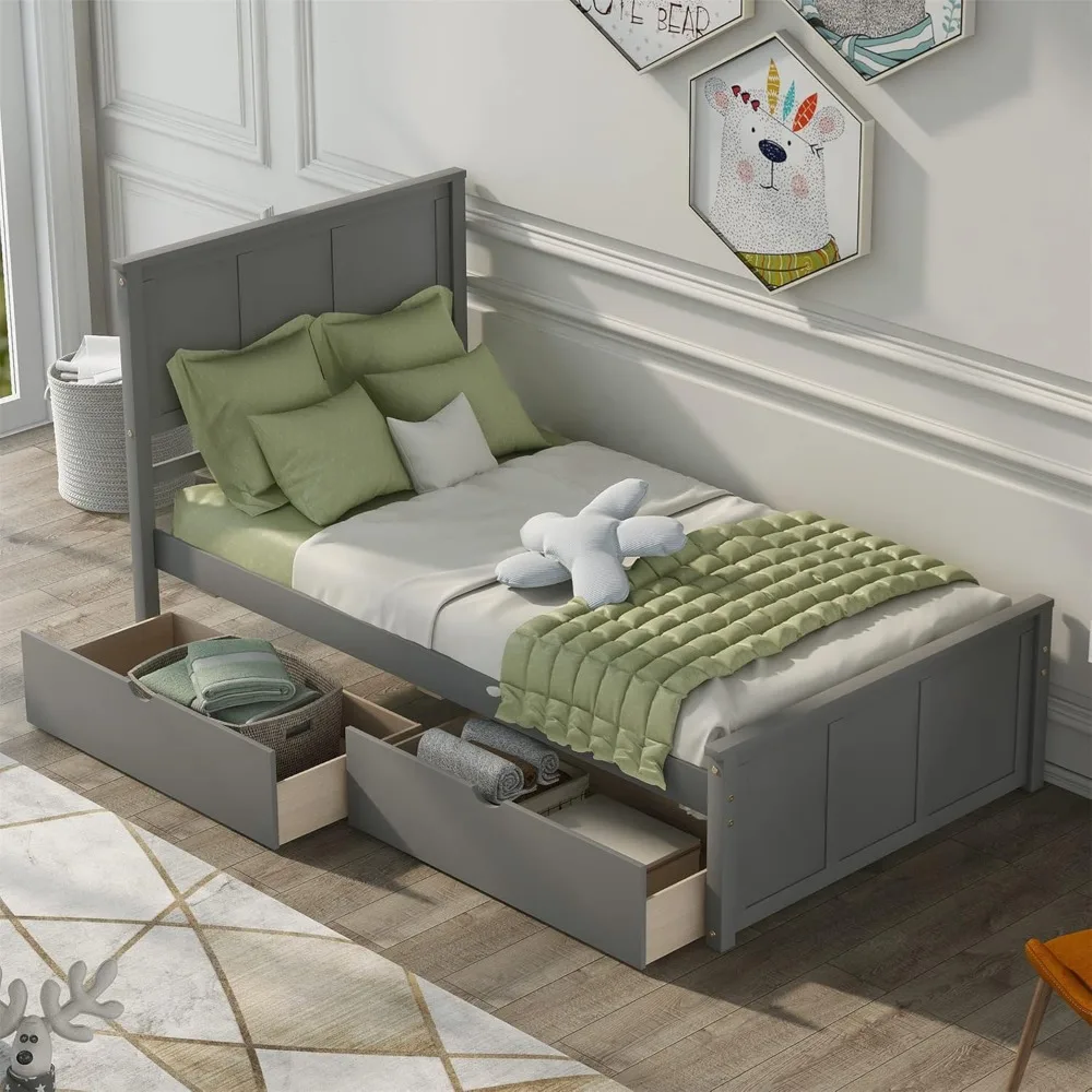 إطار سرير مزدوج بتصميمات Harper & Bright مع أدراج، سرير مزدوج بمنصة للأطفال مع مساحة تخزين، خشب متين، لا حاجة إلى صندوق زنبركي (رمادي) #4