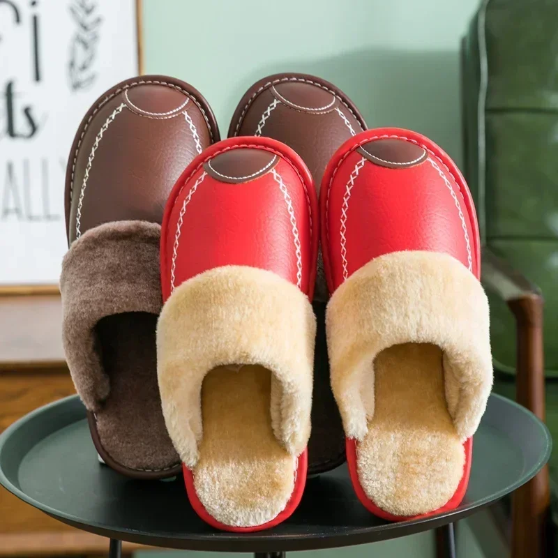 Men Winter Leather Slippers Bedroom Cotton Slippers Male Waterproof Thick Plus Velvet Indoor Warm House Home Slippers Shoes