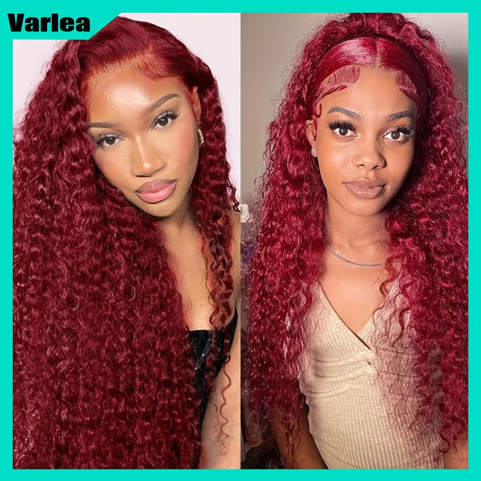 Varlea 200% Density Deep Wave Frontal Wig 13x6 Hd Lace 99j Burgundy Lace Front Human Hair Wig 13x4 Water Wave Curly Wigs Colored