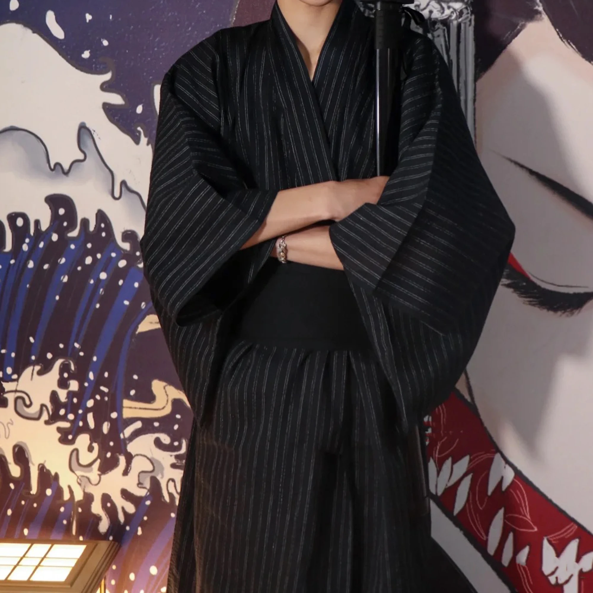 Black Summer Navy Japanese Traditional Samurai Kimono For Men Yukata Bathing Robe Hekoobi Loose Style Homewear Long Gown Cotton