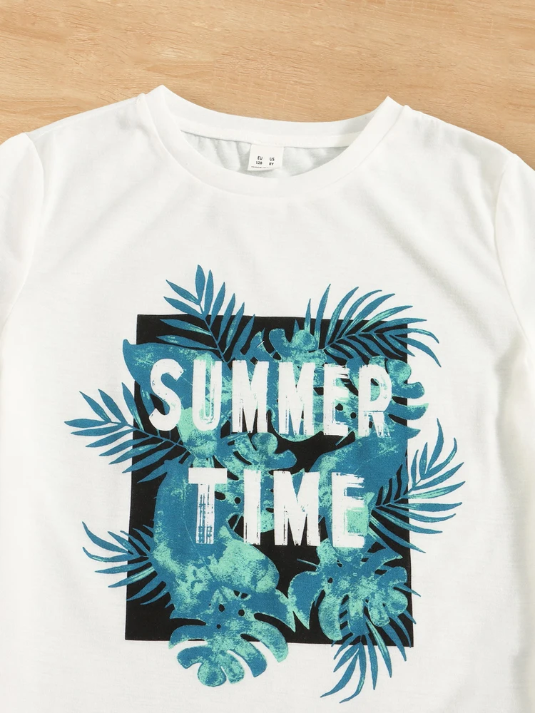 Boys 2pcs Trendy Summer Time Coconut Tree Print Short Sleeve Outfit, Tee & Shorts Set, Kids Beach Clothes