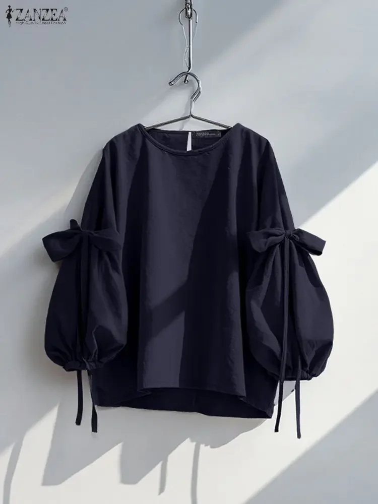 

2025 ZANZEA Women Long Sleeve Blouse Autumn Spring Bow Shirts Fashion Casual Solid Loose Tunic Tops Streetwear Blusas Femininas