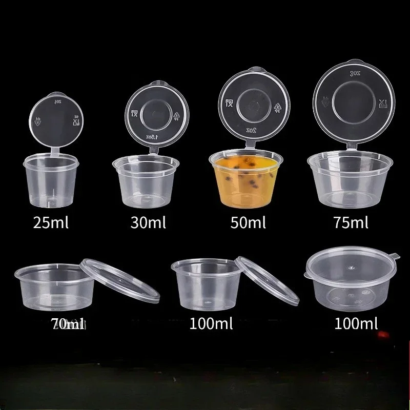 100Pcs 25/40/75/100ML Disposable Plastic Takeaway Sauce Cup Containers Food Box with Hinged Lids Small Pigment Palette Case