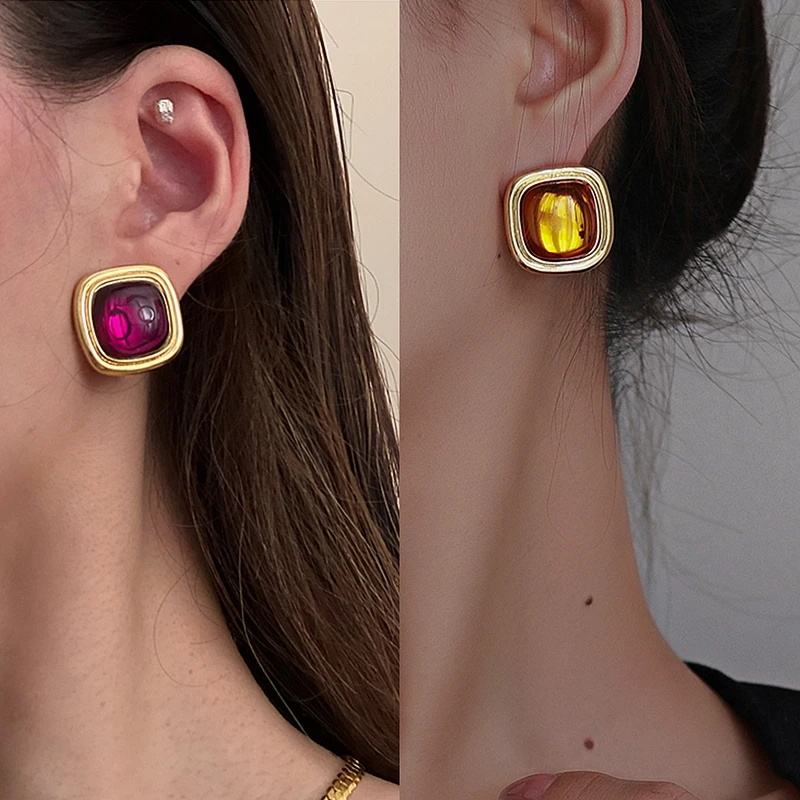 Vintage Gold Color Geometric Square Stud Earrings for Women Trendy Korean Retro Colorful Crystal Earrings Jewelry Accessories