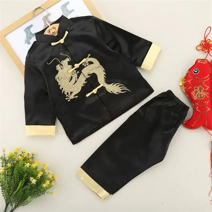 Chinese Style Dragon Tang Suit Boy Birthday New Year Party Festival Outfit Kung Fu Wushu Top Pants Set Uniform Kids Costume Gift