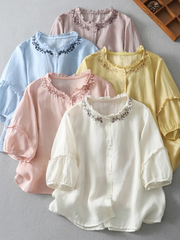 Ele Embroidered Cotton Linen irt Women Summer Unique Beautiful 7/8 Sve Lace Collar Thin Linen Top Loose Fit