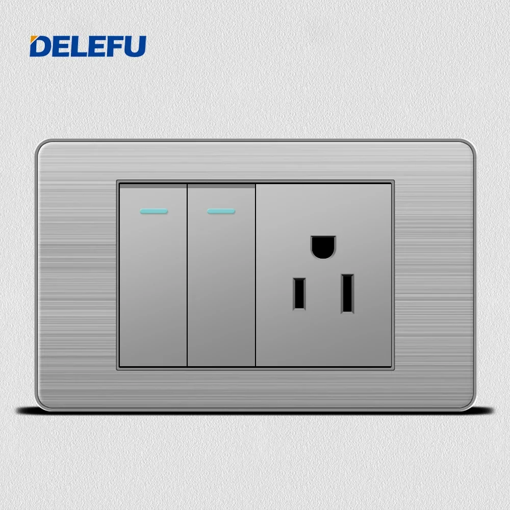 DELEFU Grey Stainless Steel Panel Mexico Standard Type C America Outlet Plug 118*72mm Wall Power Socket Light Switch