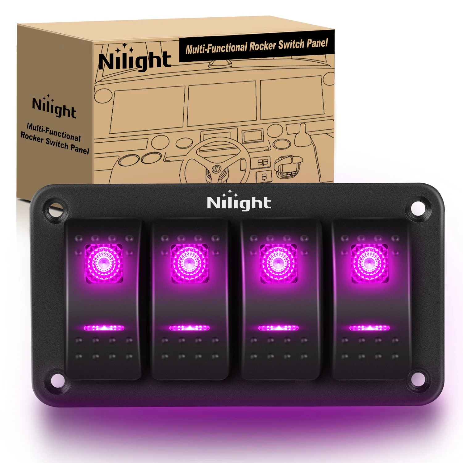 Nilight 4 Gang Rocker Switch Panel with Purple LED Light 5 Pin On Off Pre-Wired Aluminum Toggle Switches Waterproof for 12V/24V Cars Marine Boats ATVs Trailers RV Trucks