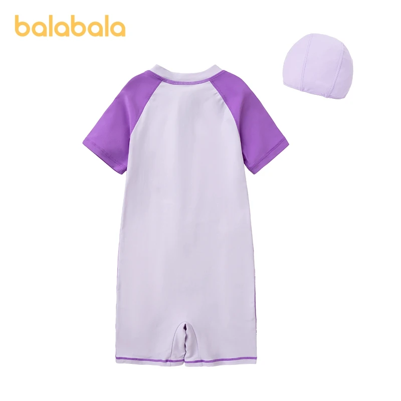 Balabala Swimwear Set Boys Girls Swim Trunks 2024 Summer New Children Teens One-Piece with Swim Cap Color Block Fashionable