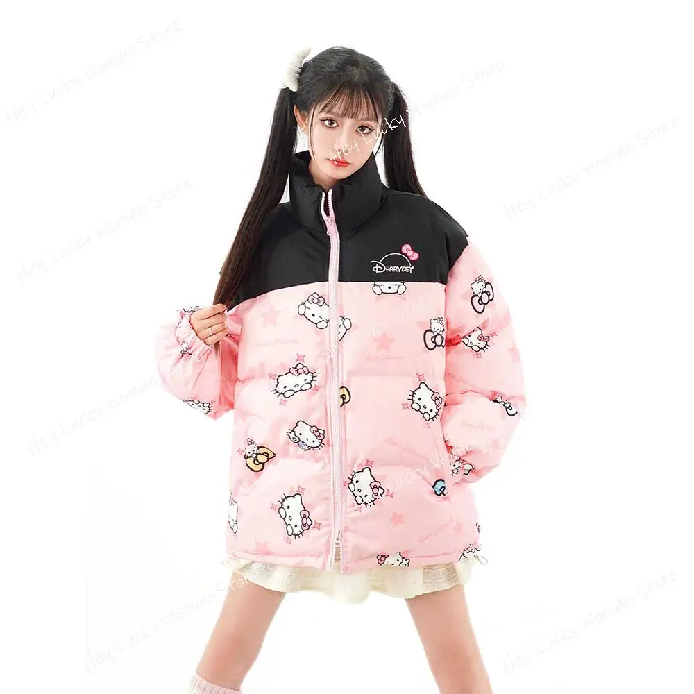 Hello Kitty Women's Winter Fashion Casual Jacket Cute Full Print Color Blocked Cotton Coat Korean Version New Thick Zipper Coat