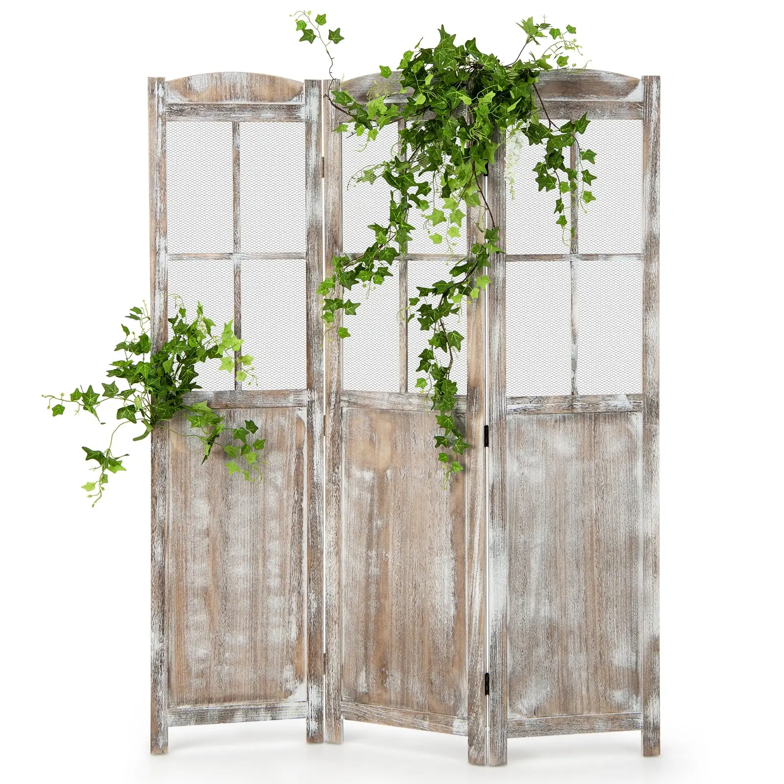 3-Panel Folding Room Divider, 6FT Paulownia Wood Privacy Screen with Mesh Window, Natural Rustic Freestanding Wall