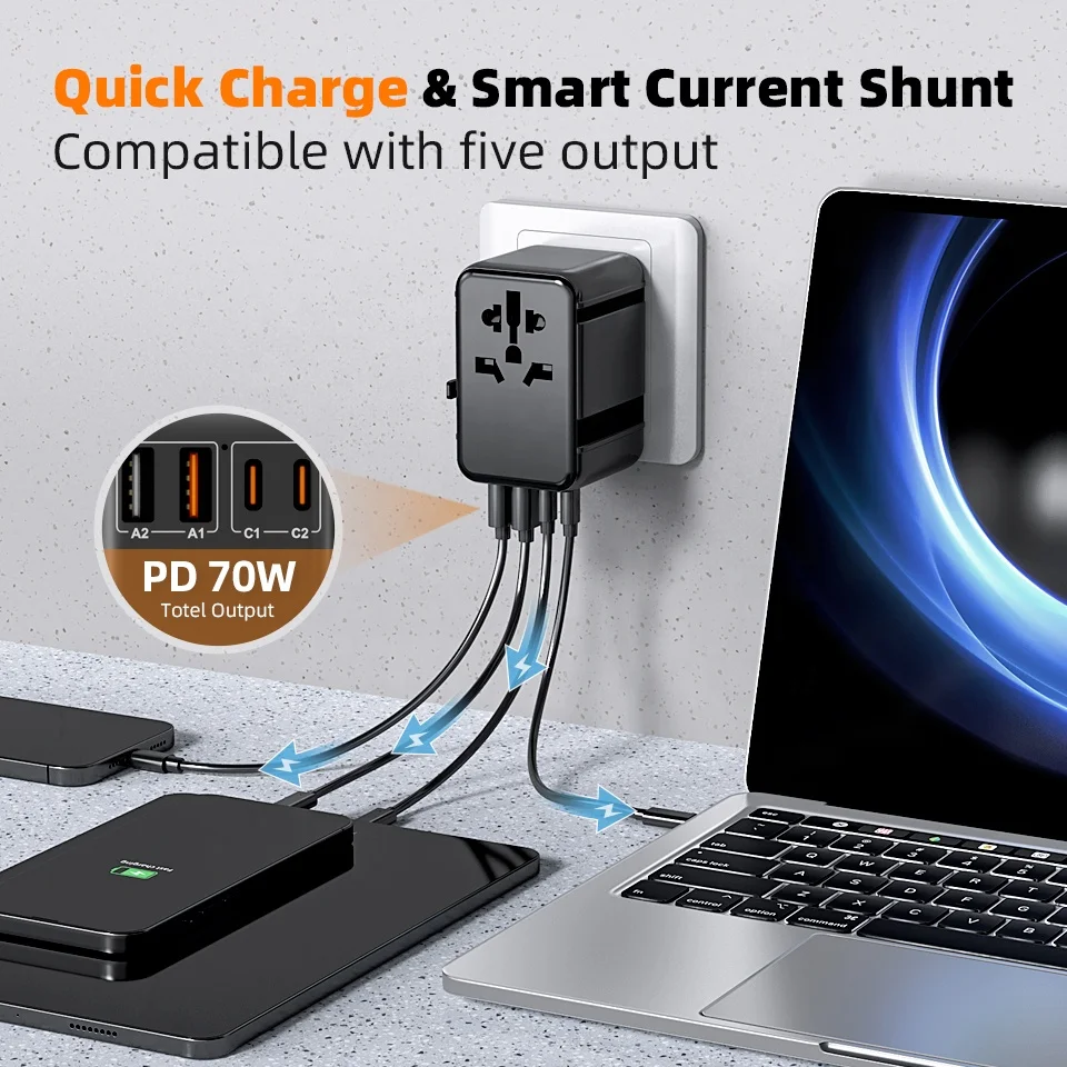 GaN 70W Universal Travel Power Adapter with USB & Type C Worldwide Charging Gadget Sockets & Plugs