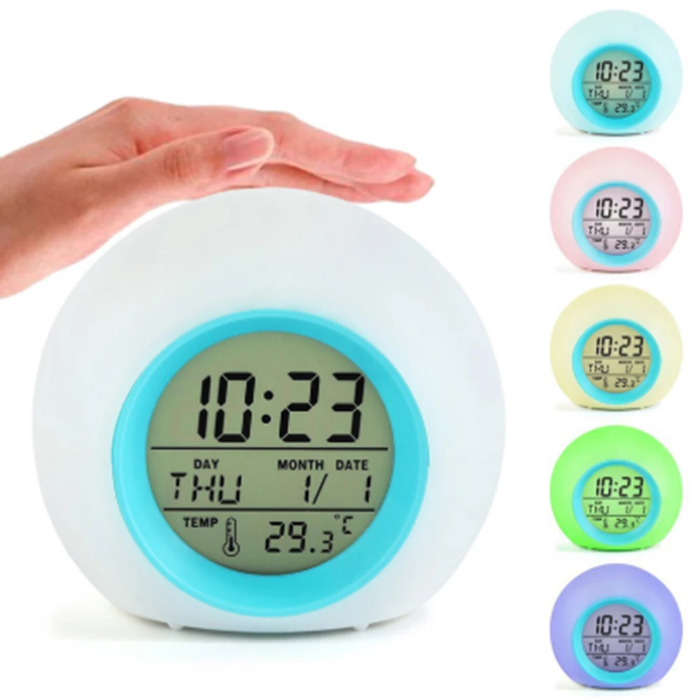 

7 Colors Changing LED Display Timer Digital Round Alarm Clock Temperature