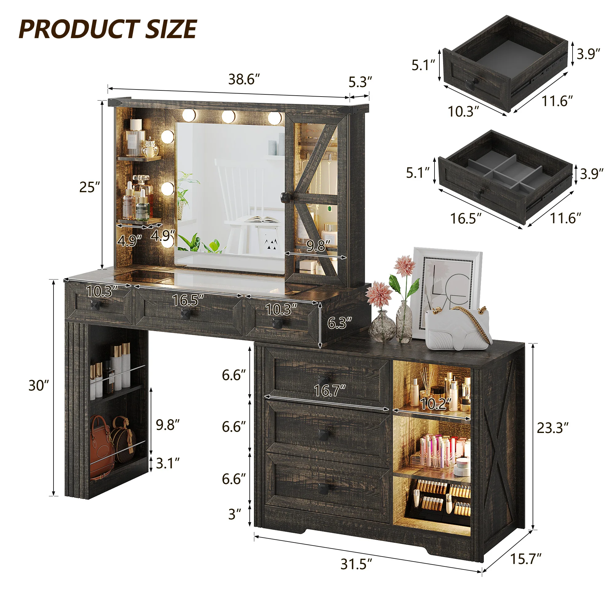 JDPAG Farmhouse Vanity Desk Set with Mirror and Lights, Makeup Vanity Table with 6 Drawers/Large Storage