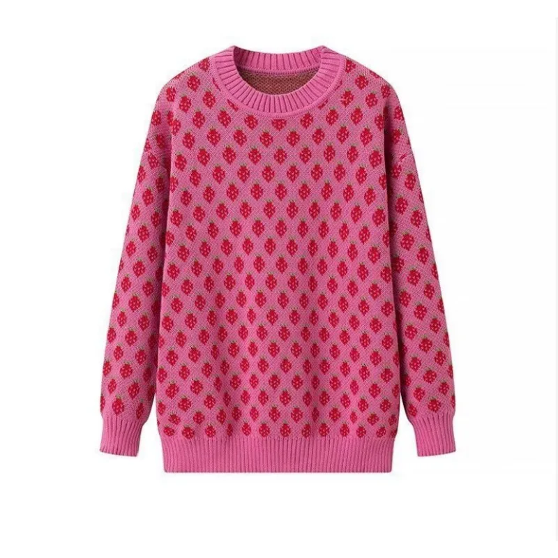 Aliexpress Cross-border Sweet Knitted Sweater Women Autumn Winter New Style Lazy Style Cute Strawberry Print Round Neck Sweater
