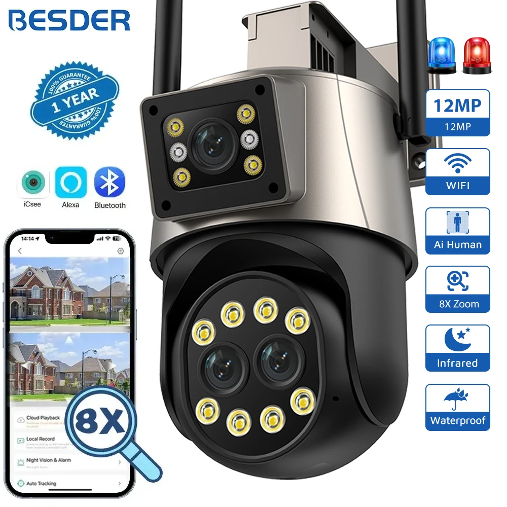 

Внешняя камера видеонаблюдения, семейная камера 6K, 12 Мп, Wi-Fi, PTZ, двойной экран, 8-кратный цифровой зум, двухстороннее аудио, охранная защита