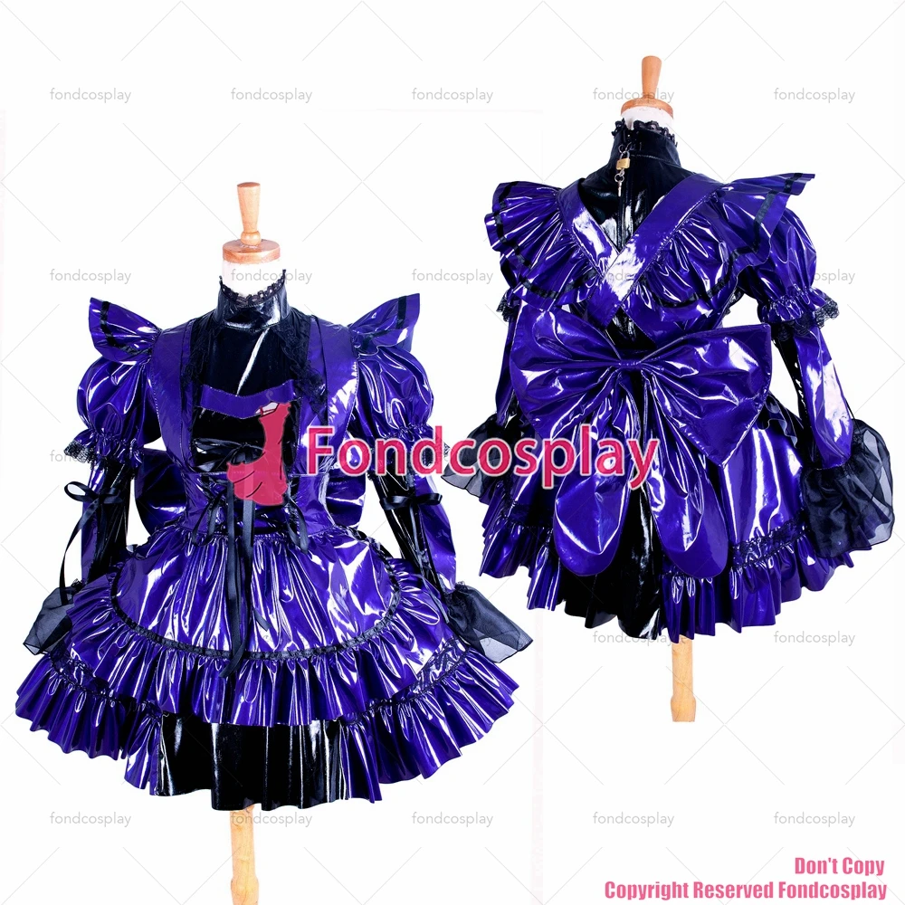 fondcosplay adult sexy cross dressing sissy maid short Black Purple Pvc Dress Lockable Uniform apron Costume CD/TV[G1405]