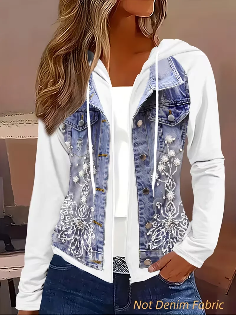 plus size faux denim jacket, lace embroidered hooded coat, beaded floral outerwear, patchwork zip up jacket, women not denim fabric casual coat