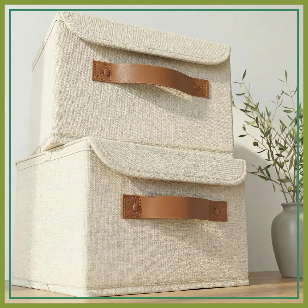 

Set of 2 Decorative Linen Storage Boxes with Lids - Spacious Organizer Bins for Home Decor, Photos, Documents & Keepsakes