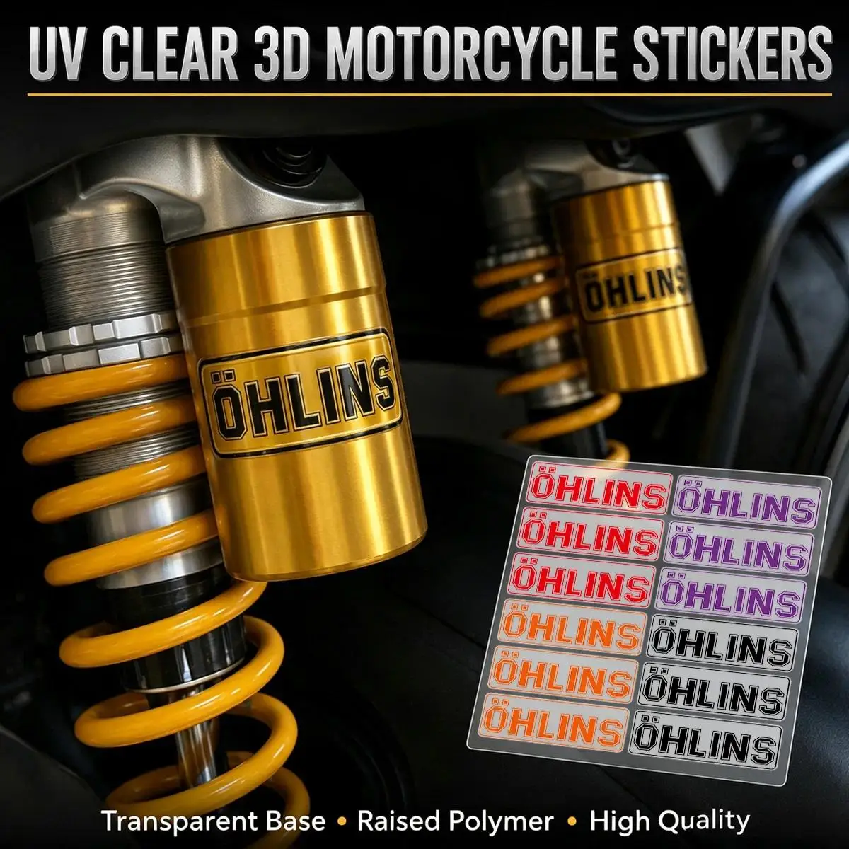 1Set Ohlins Motorcycle Shock Absorber Sticker, Clear Base Waterproof Vinyl Decal for Front Fork, Multi Colors Available