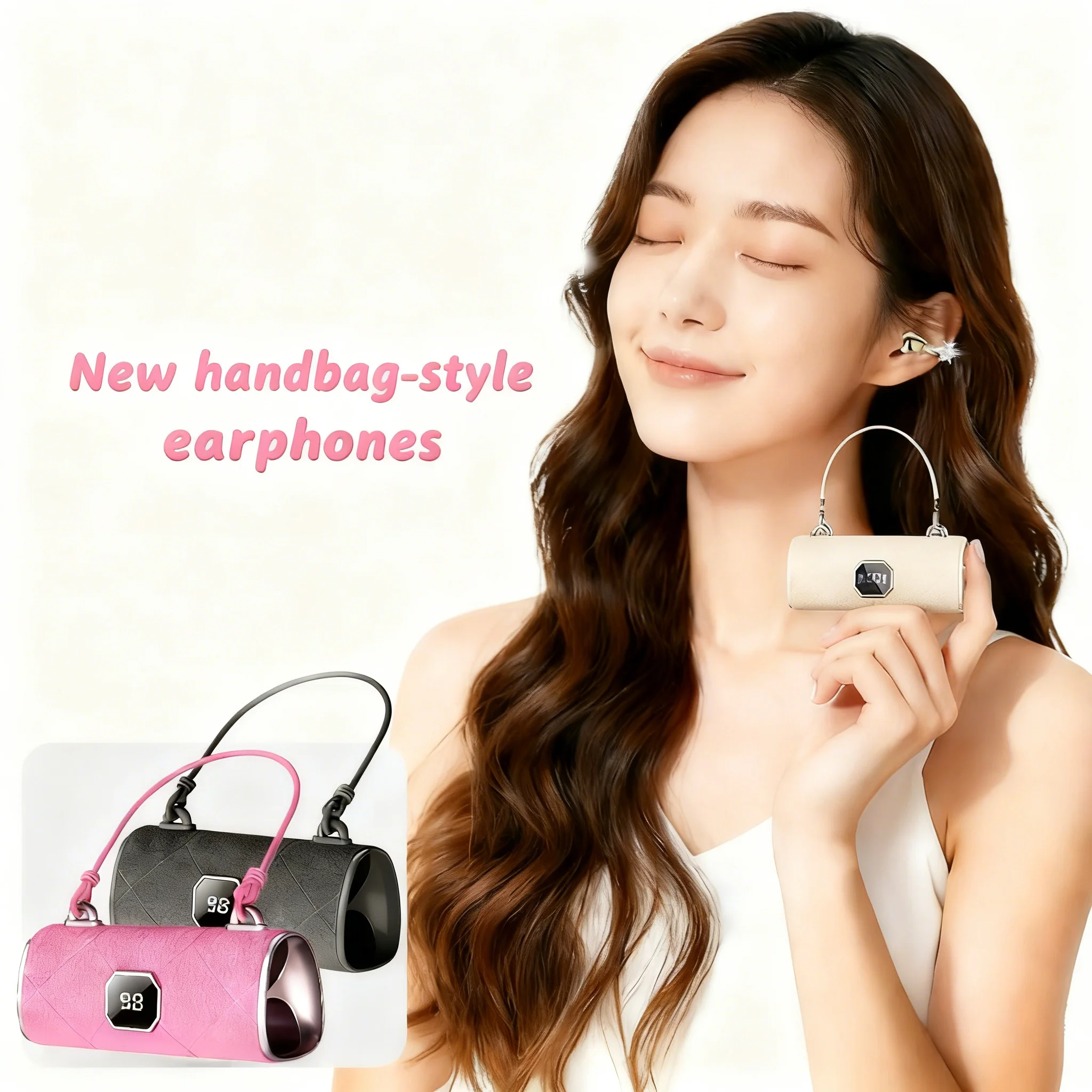 Handbag Shaped Ear Clip Wireless Earphones Bluetooth 5.4 HIFI Stereo With Battery Display For Women