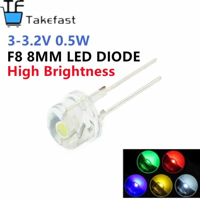 10PCS F8 8MM White Blue Green Red Yellow LED Super Bright Straw Hat Light Emitting Diode Highlighted White 0.5W Astigmatism