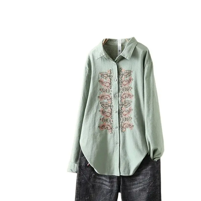 New Spring Cotton Embroidery Shirt Women Lapel Long Sleeve Literature Tops Girl Retro Ethnic Style Blouse 2024 Autumn T44139QC