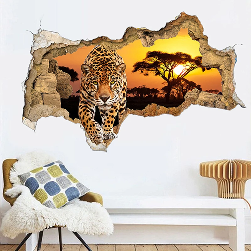 Agile Leopard Animal Poster Old Tree Sunrise View 3D Vinyl Broken Wall Hole Art Stickers Home Decoration for Living Room Bedroom