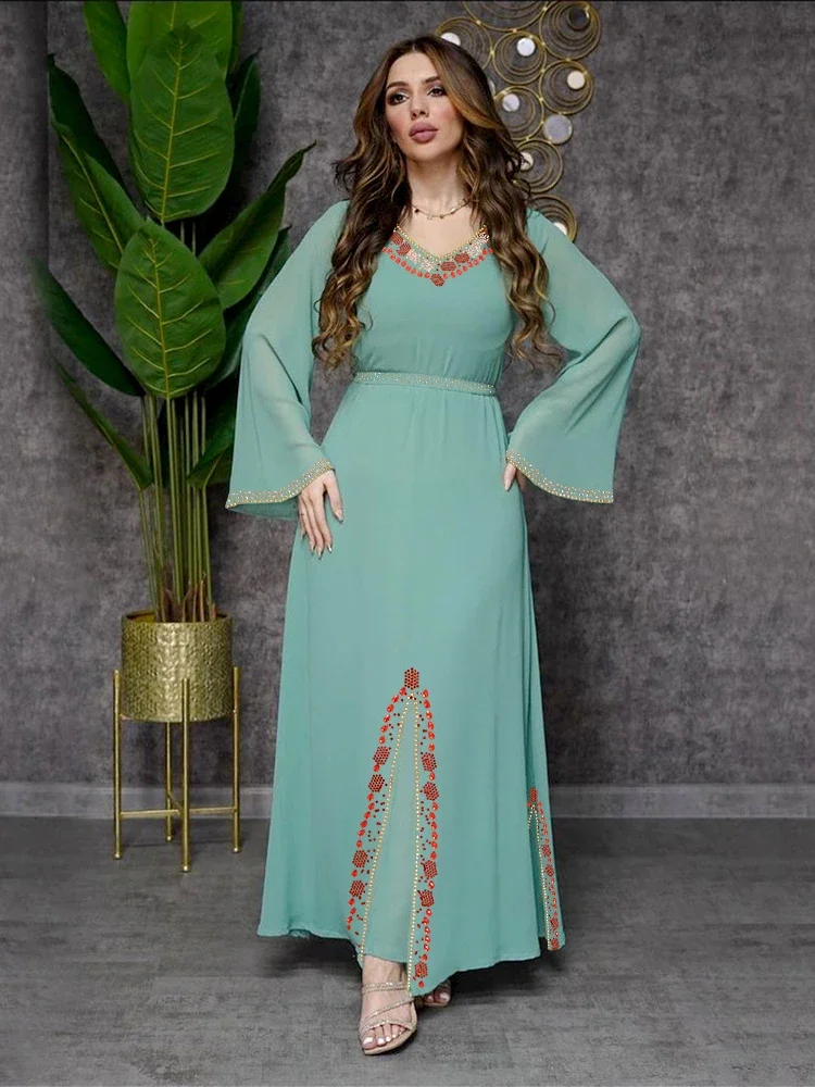 Eid Diamond Party Dress Women Muslim Abaya Chiffon Ramadan Dubai Morocco Abayas Kaftan Elegant Robe Vestidos Turkey Gown 2023