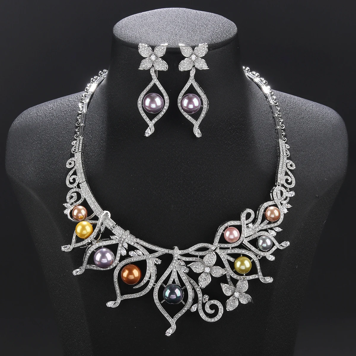 Luxury 2 Pcs Cubic Zircon Pearl Flower Necklace Earrings Set Women Wedding Party Jewelry Set CN111327