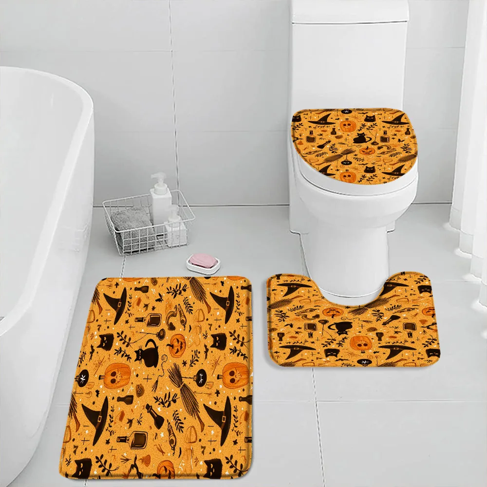 Halloween Cartoon Bath Mat Set 3PCs Ghost Wizard Hat Crow Black Cats Pumpkin Lantern Bathtub Rug Flannel Toilet Lid Cover