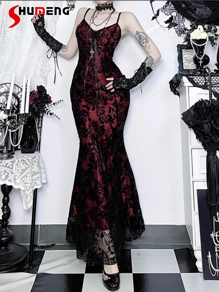 

Halloween Halloween Dark Gothic Style V-Neck Sleeveless Sling Dresses Subculture Sexy Hot Girl Lace Bodycon Long Dress For Women