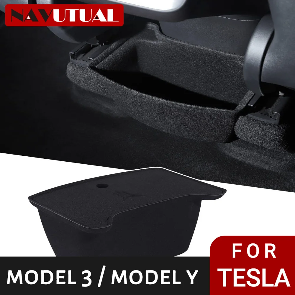 

Storage Box For Tesla Model Y 3 Rear Center Console Flocking Underseat Organizer Tray, Backseat Second Row Organizer Storage