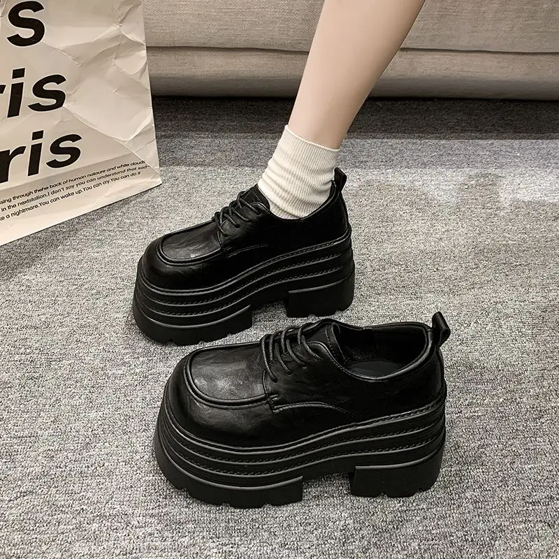 

Sweet British Style Women's Small Leather Shoes Chunky Heel Thick Sole Add 10cm Height 2025 Autumn Winter Ultra Lightweight