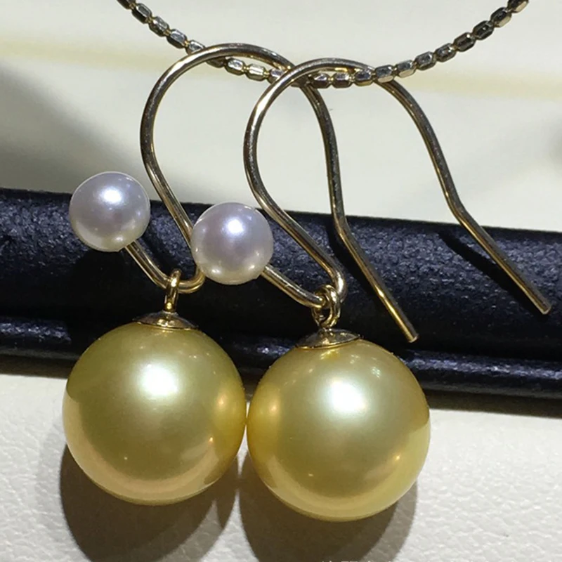 

Classic Aaaa 10-11mm Golden Yellow Natural South Sea Round 4-5mm White Pearl Dangle Earrings Drop