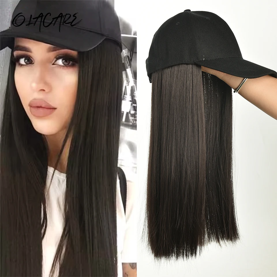 

16Inch Long Straight Synthetic Wig Baseball Cap Hair Extensions Hat Wigs Black Brown Adjustable Hairpiece for Women LM