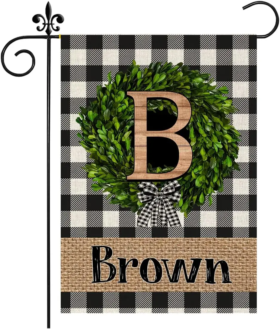 Personalized B Monogram Garden Flag Initial Letter Wreath Custom Last Name Porch Flags Vertical Double Sided Buffalo Plaid Wood