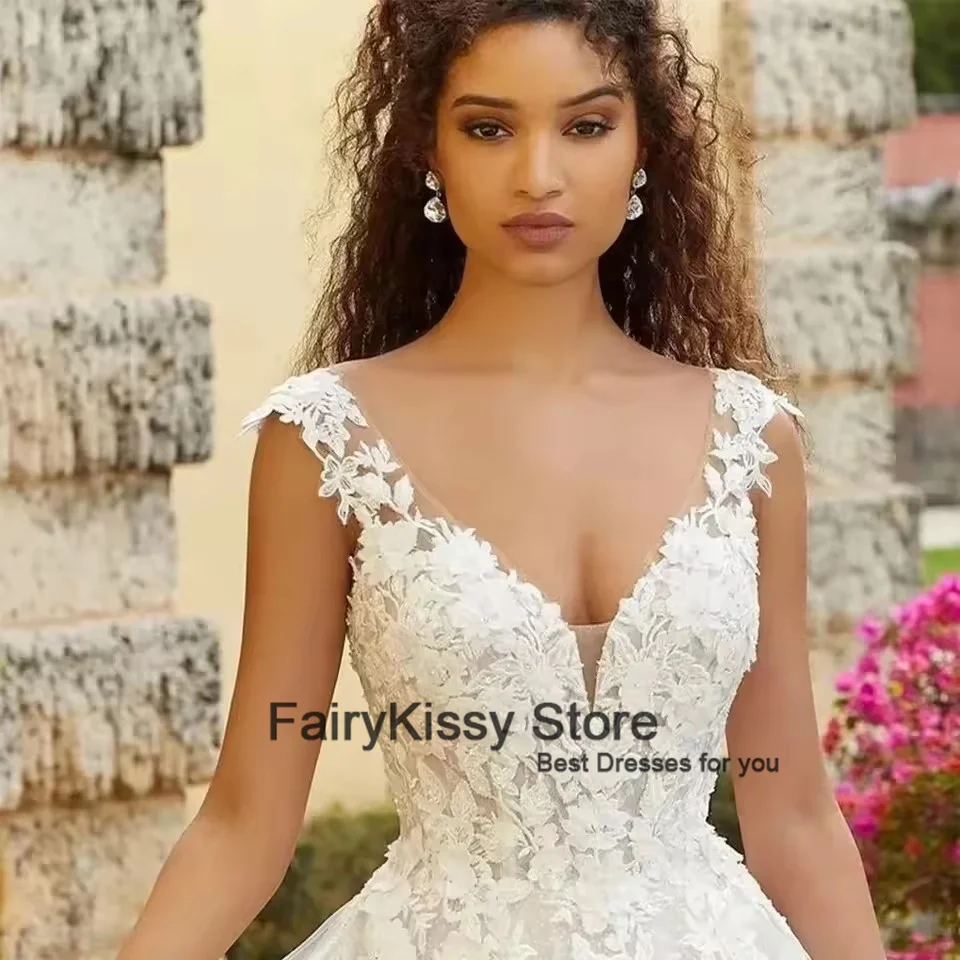 FairyKissy مثير الخامس الرقبة الدانتيل يزين فستان الزفاف طول الأرض تول زي العرائس طويل الأميرة فساتين زفاف vestido novia