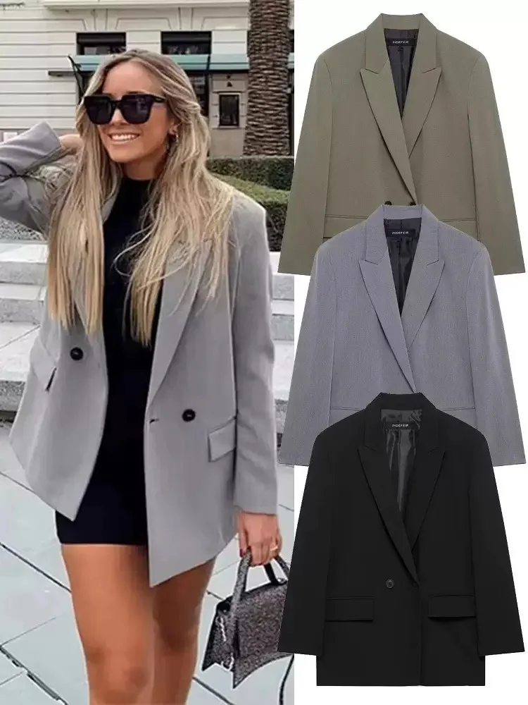 سترة نسائية عصرية فضفاضة مزدوجة الصدر معطف عتيق بجيوب وأكمام طويلة ملابس خارجية نسائية أنيقة فيستي فام