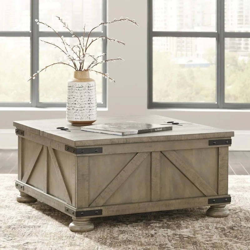 Aldwin Farmhouse Square Coffee Table with Lift Top for Storage, Grayish Brown, 36 in x 36 in x 18 in