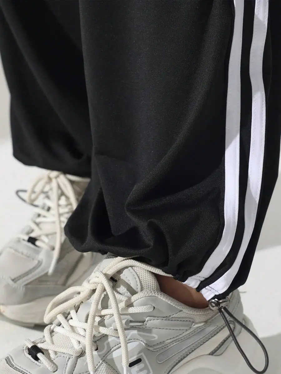 

High Waist Loose Fit Sport Pants With Side Stripes Drawstring Elastic Cuffs Black