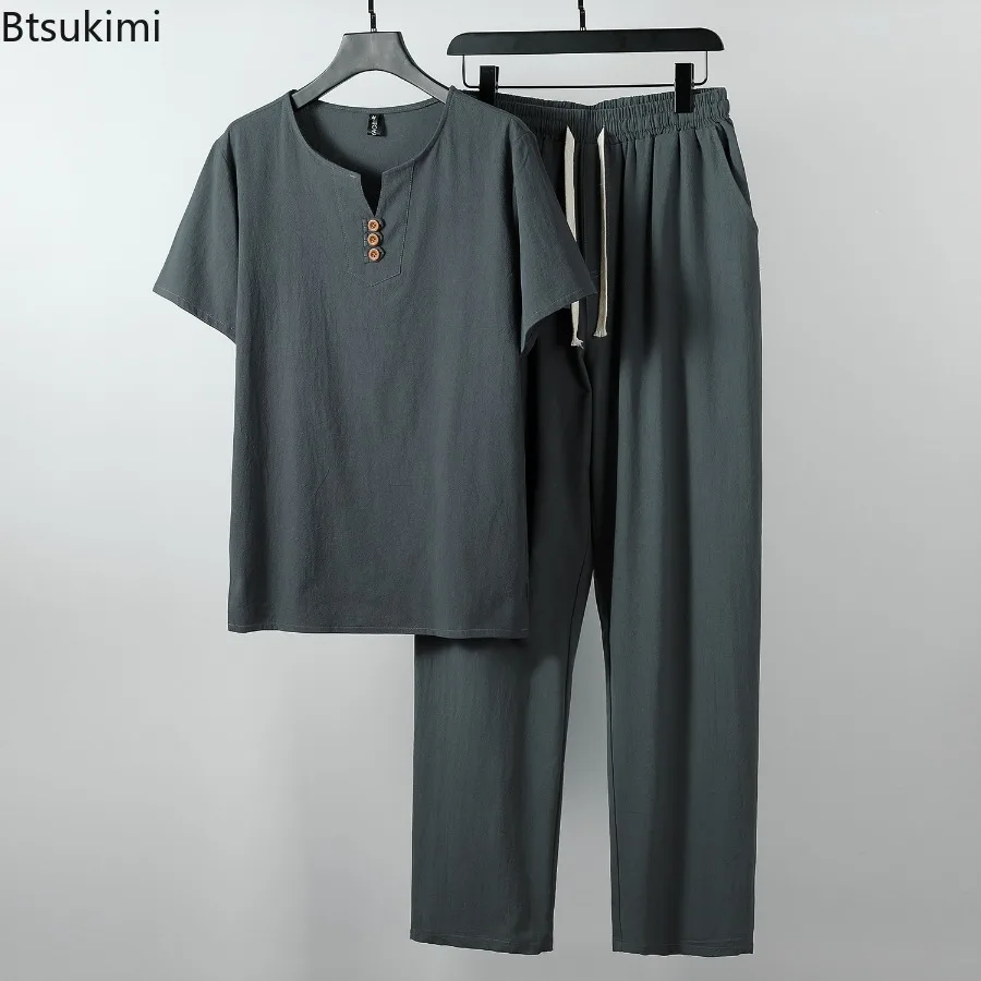 New 2025 Summer Linen Suit Men's Button Cotton and Linen Casual Retro T-shirt V Chinese Style Solid Color Loose Male Clothing