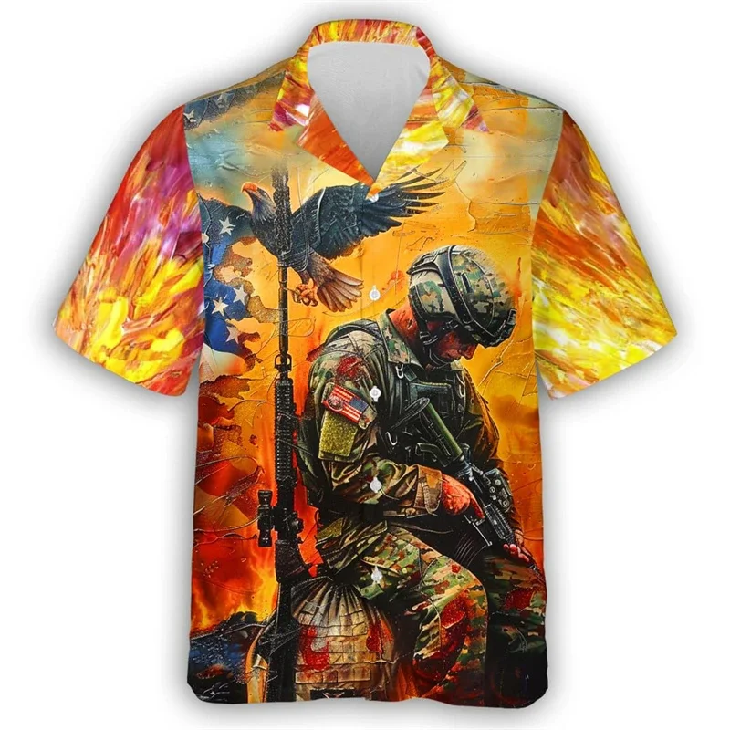 USA Flag Soldier Free Pattern Hawaiian Shirt For Men Eagle Cattle 3D Printed Aloha Shirts Casual Lapel Tops Short Sleeves Blouse