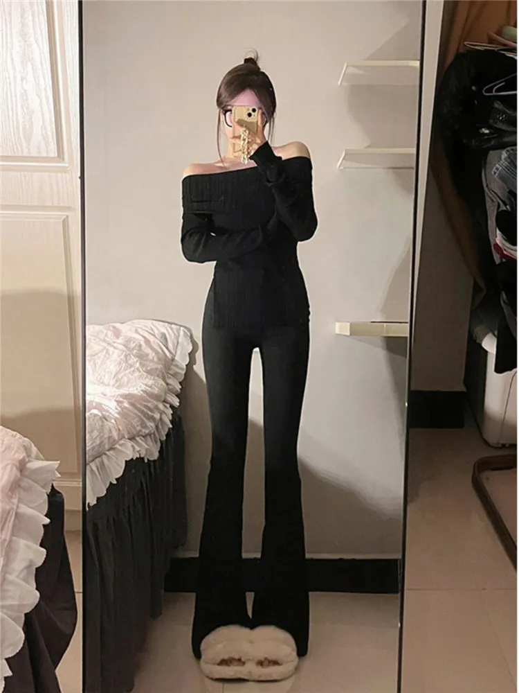 

Extended Length plus Size High Waist Flared Jeans Women's Autumn Winter Fleece Lined Slimming Floor Length Hoof Pants