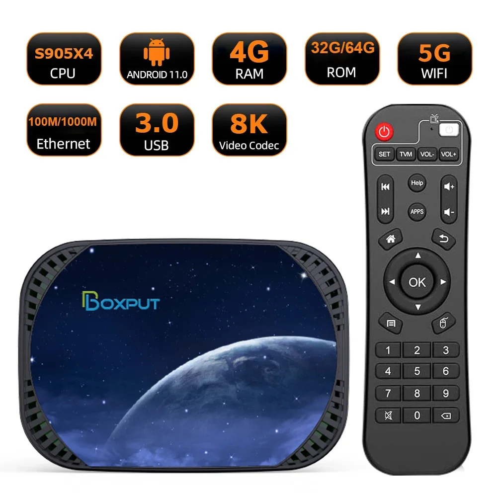 Boxput-音声アシスタント付きAndroid11 TVボックス,amlogic s905x4,デュアルWifi,av1,100m,4Kメディアプレーヤー,hk1rbox x4 x4sをサポート