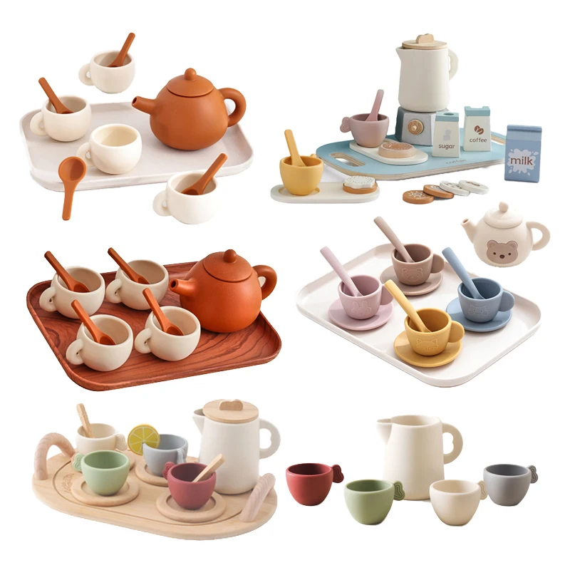 Kids Montessori Afternoon Tea Set Baby Teething Toy BPA Free Silicone Teapot and Teacups Role-Playing Kitchen Toy  Baby Toy Gift